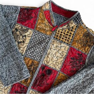 Vintage Patchwork Quilted Reversible Mock Neck Full Zip Jacket Size XL Boho 90s